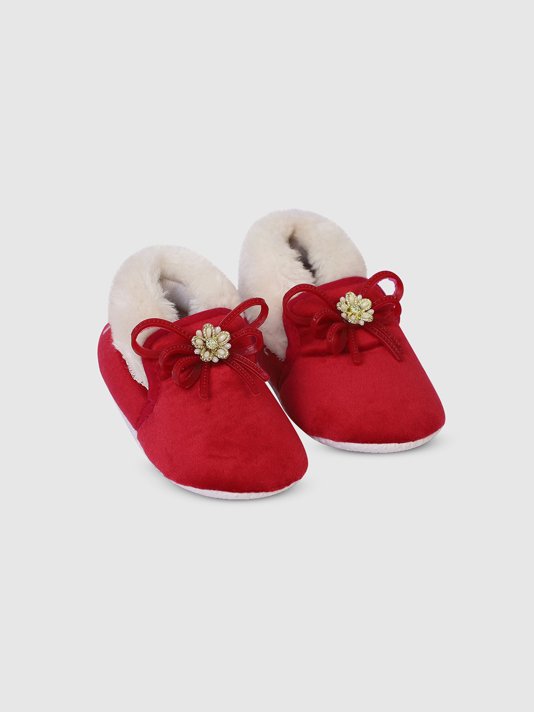 COCO CANDY Girls Fur Bow Booties- Cherry Red -11 cm