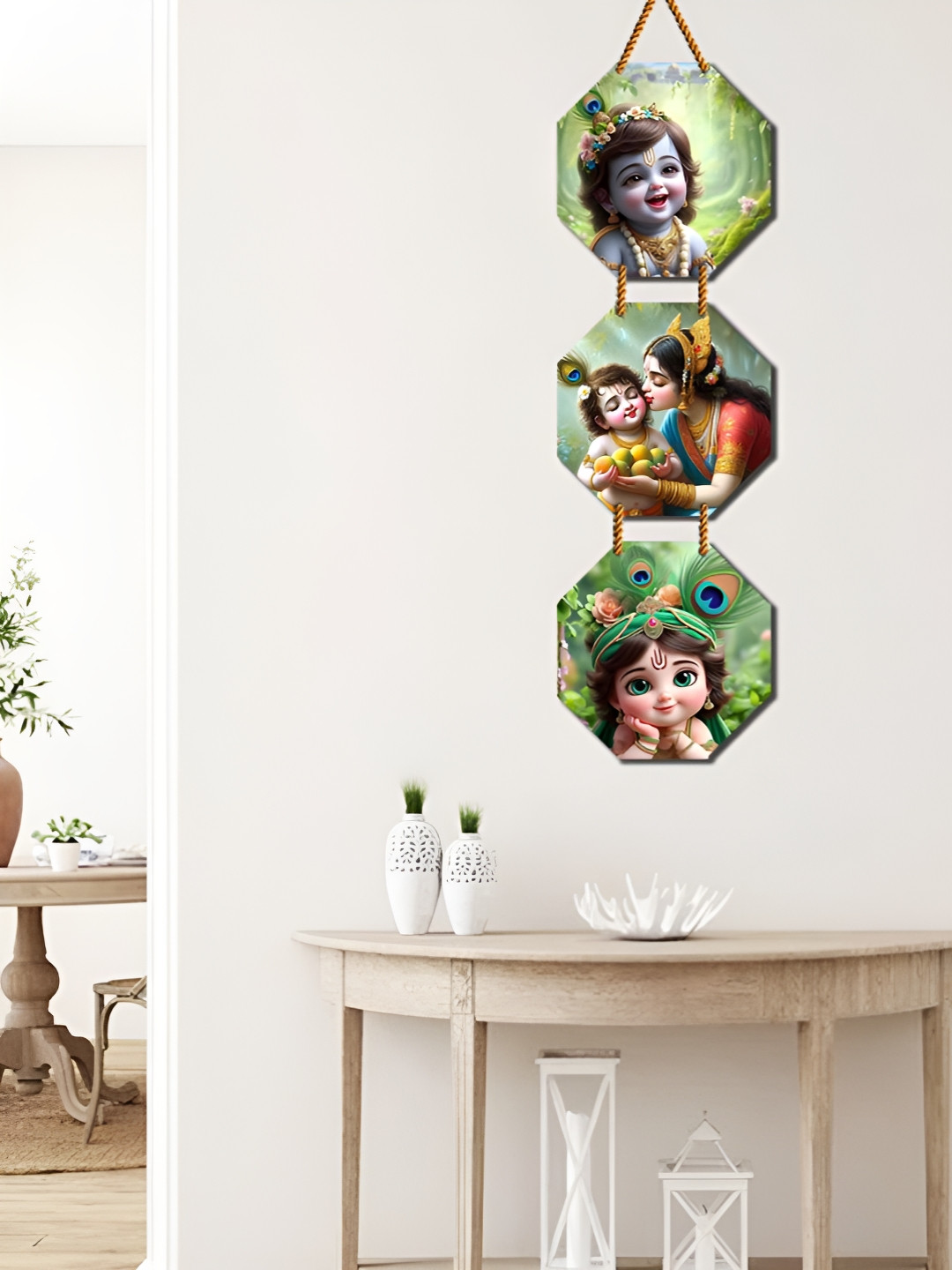 WallDaddy Green & Red Krishana Printed Spiritual Wall Hanging