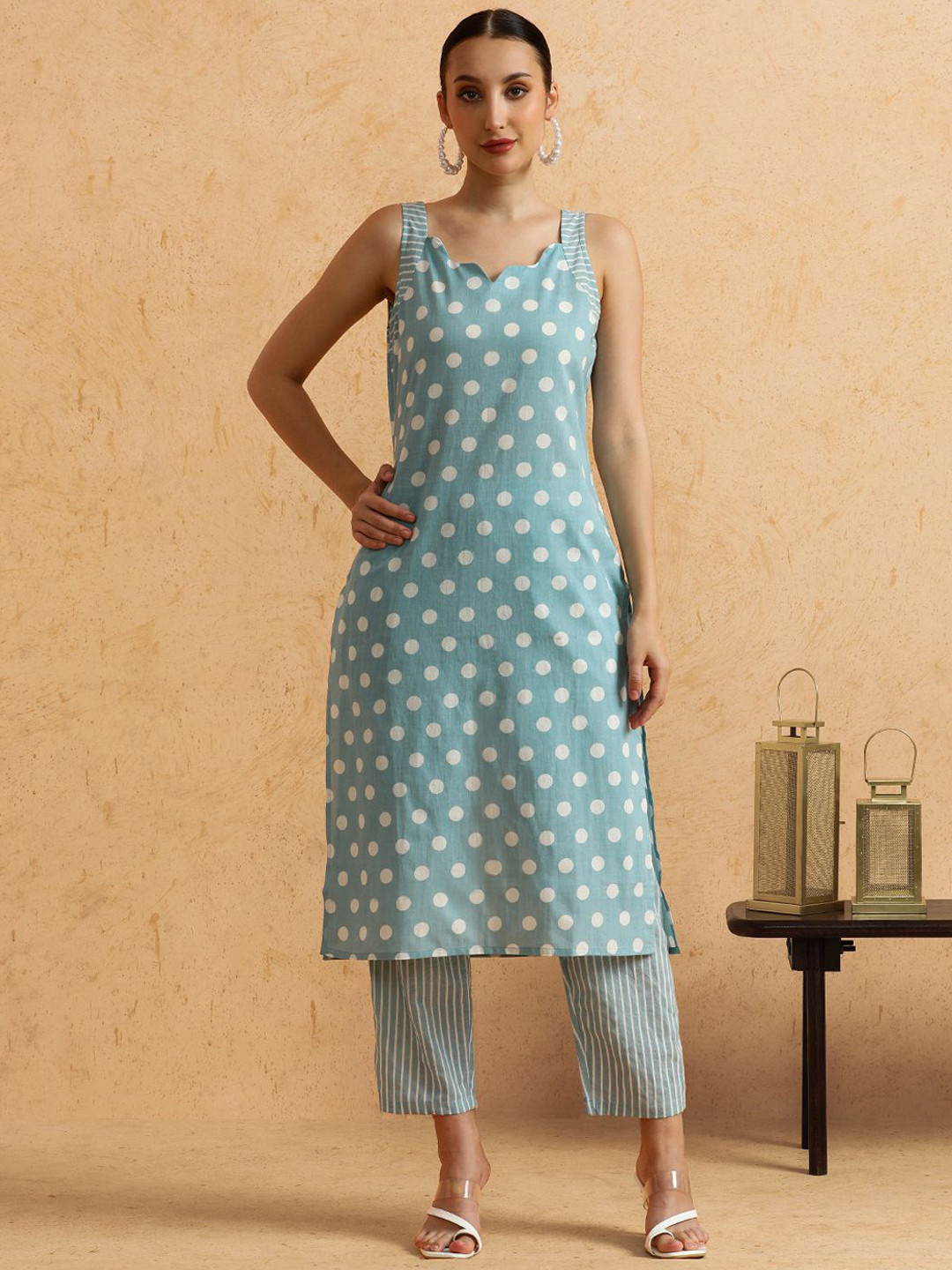 STYLEBAAZI Polka Dot Printed Sweetheart Neck Pure Cotton Straight Kurta With Trousers