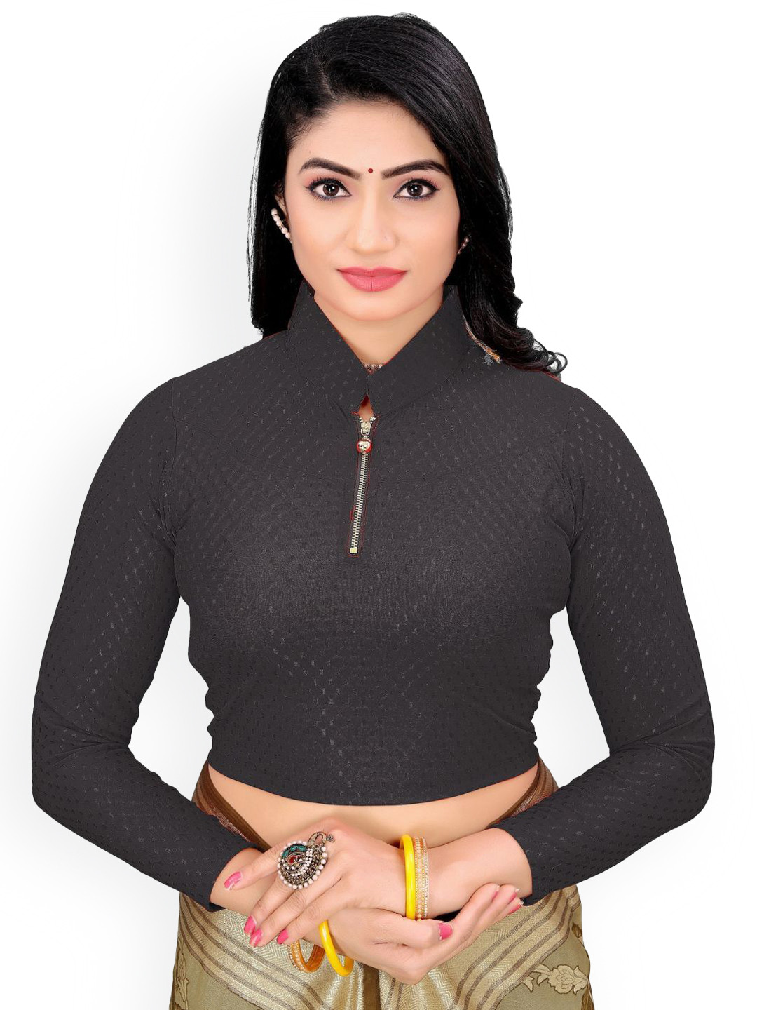 SS Sanket Synthetics Textured Dobby Zipper Full Sleeved Saree Blouse