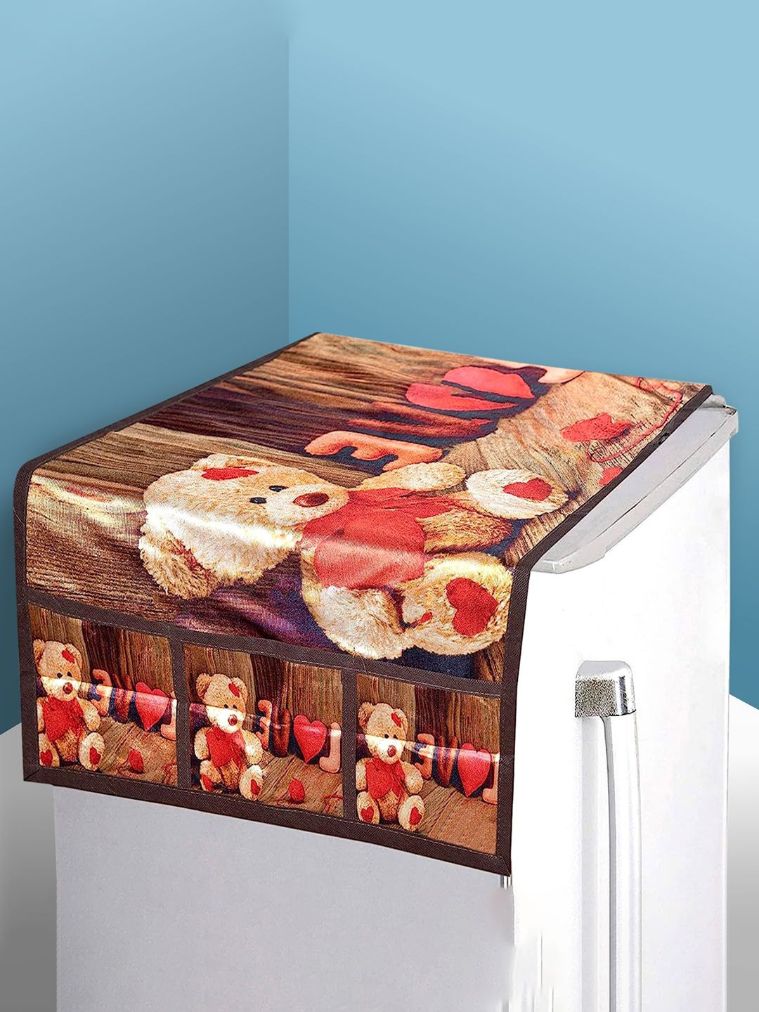 Kuber Industries Brown and Red Love-Design Printed Cotton Fridge Appliance Cover