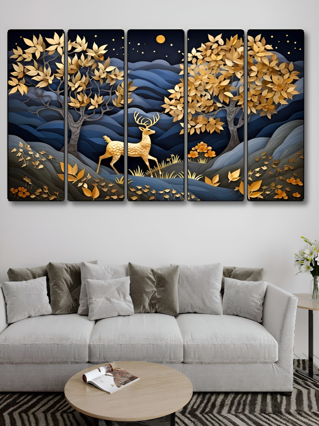 Myntra Elegant Homes Blue & Brown 5 Pieces Wooden Dancing Deer Wall Art
