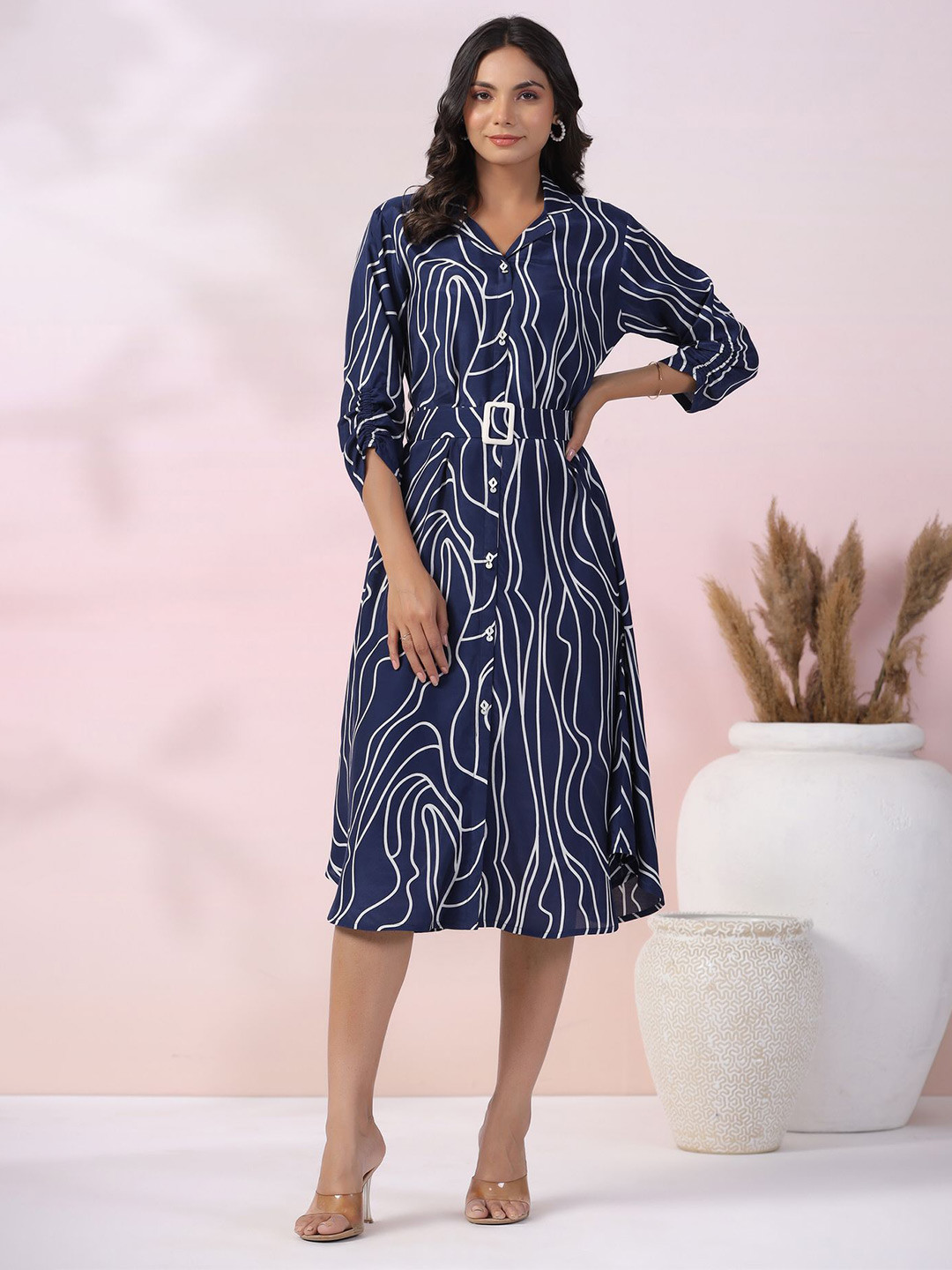 JISORA Women Blue Printed Russian Silk Dress