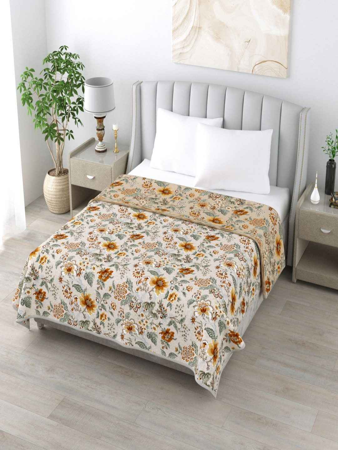 Qfab Blue Beige & Yellow Floral Printed Cotton 110 GSM AC Room Single Bed Reversible Dohar