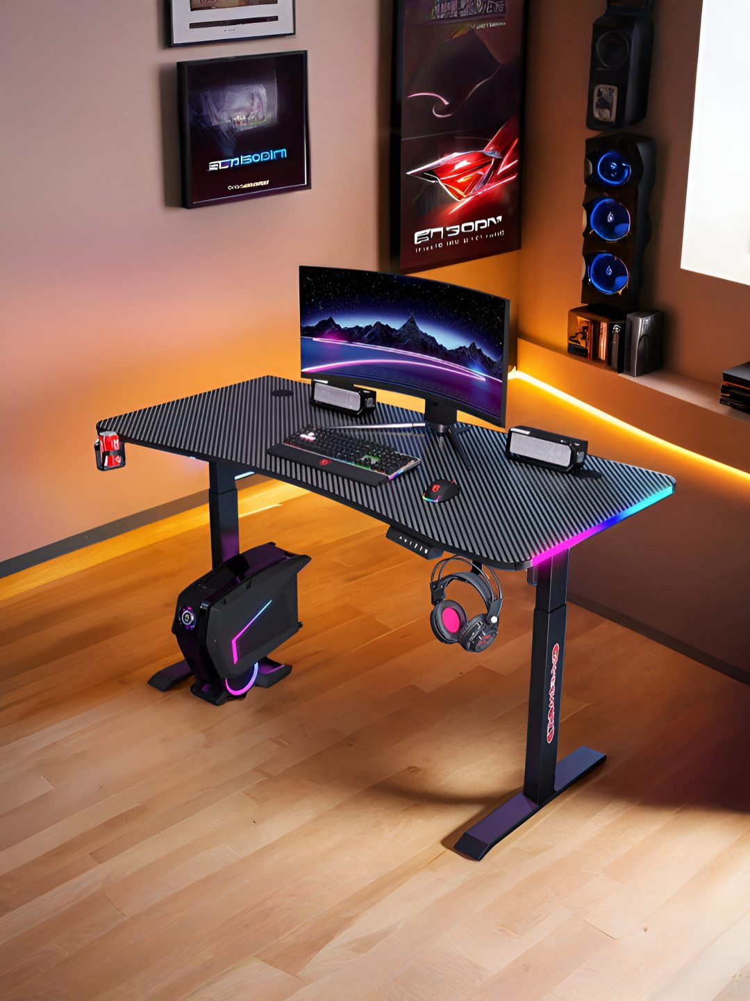 The Better Home Black Wooden Electric Height Adjustable Gaming Desk Study Table