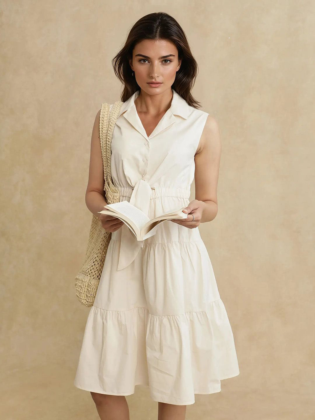 RAREISM SOMAKA Women Cotton Shirt Collar Sleeveless Tiered Fit & Flare Dress