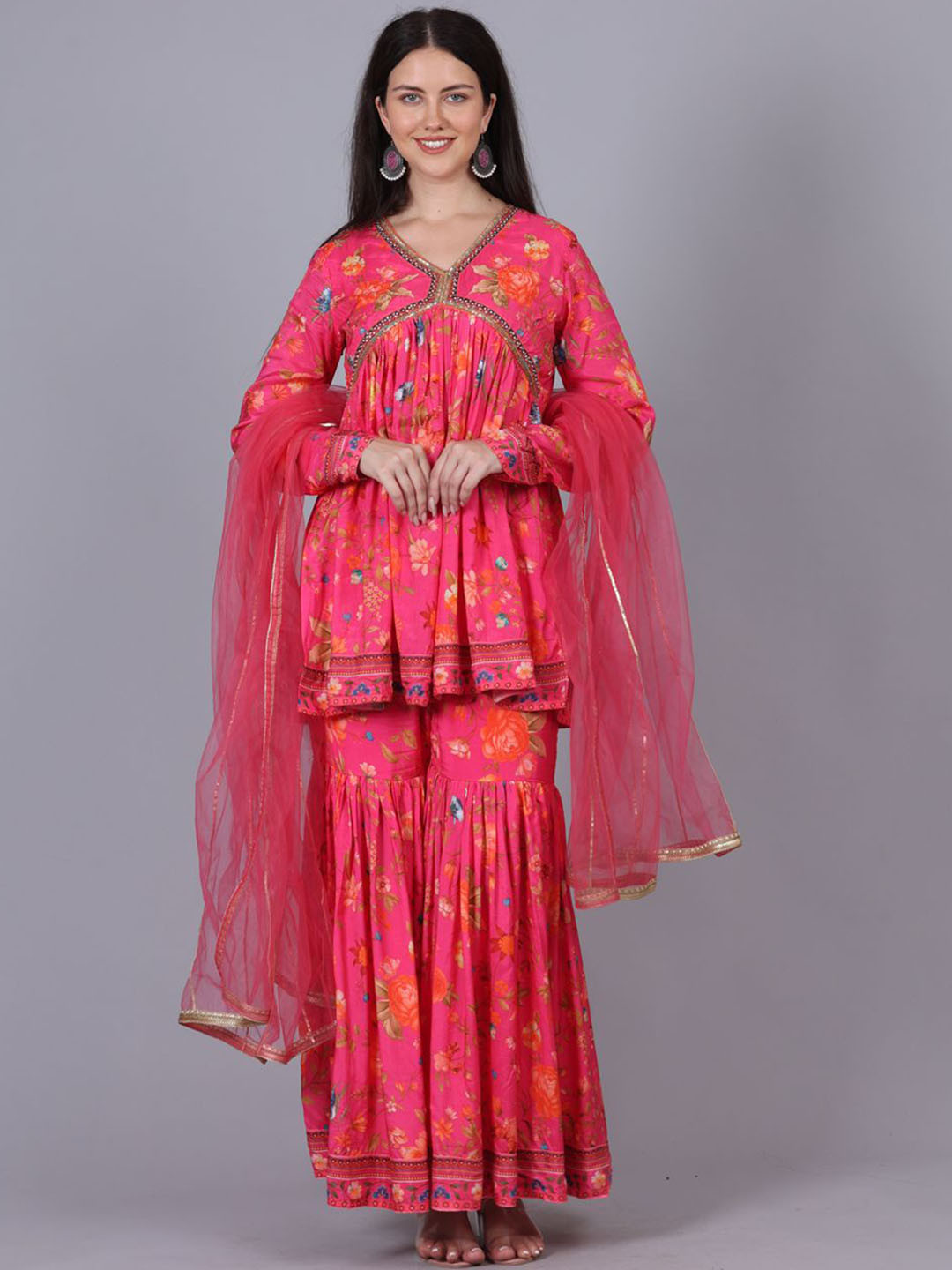 POPPIES LANE Chinon Sharara Kurta Set with V Neck and Full Slevee Design