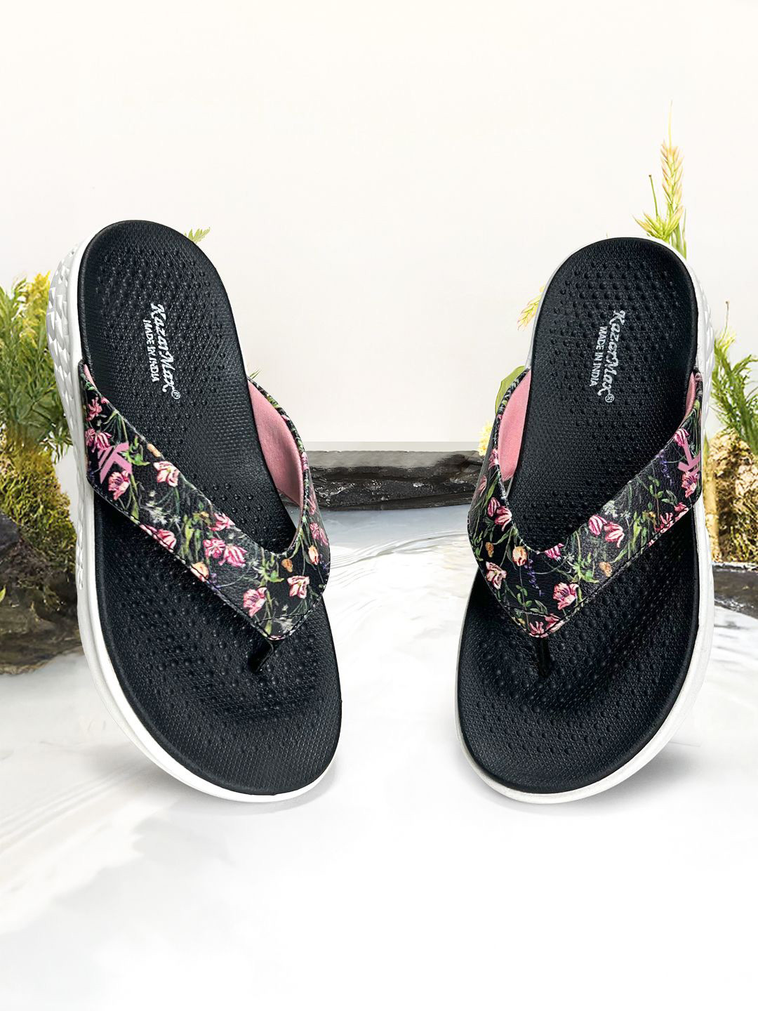 KazarMax Women Black Floral Print Thong Slippers Flip Flops
