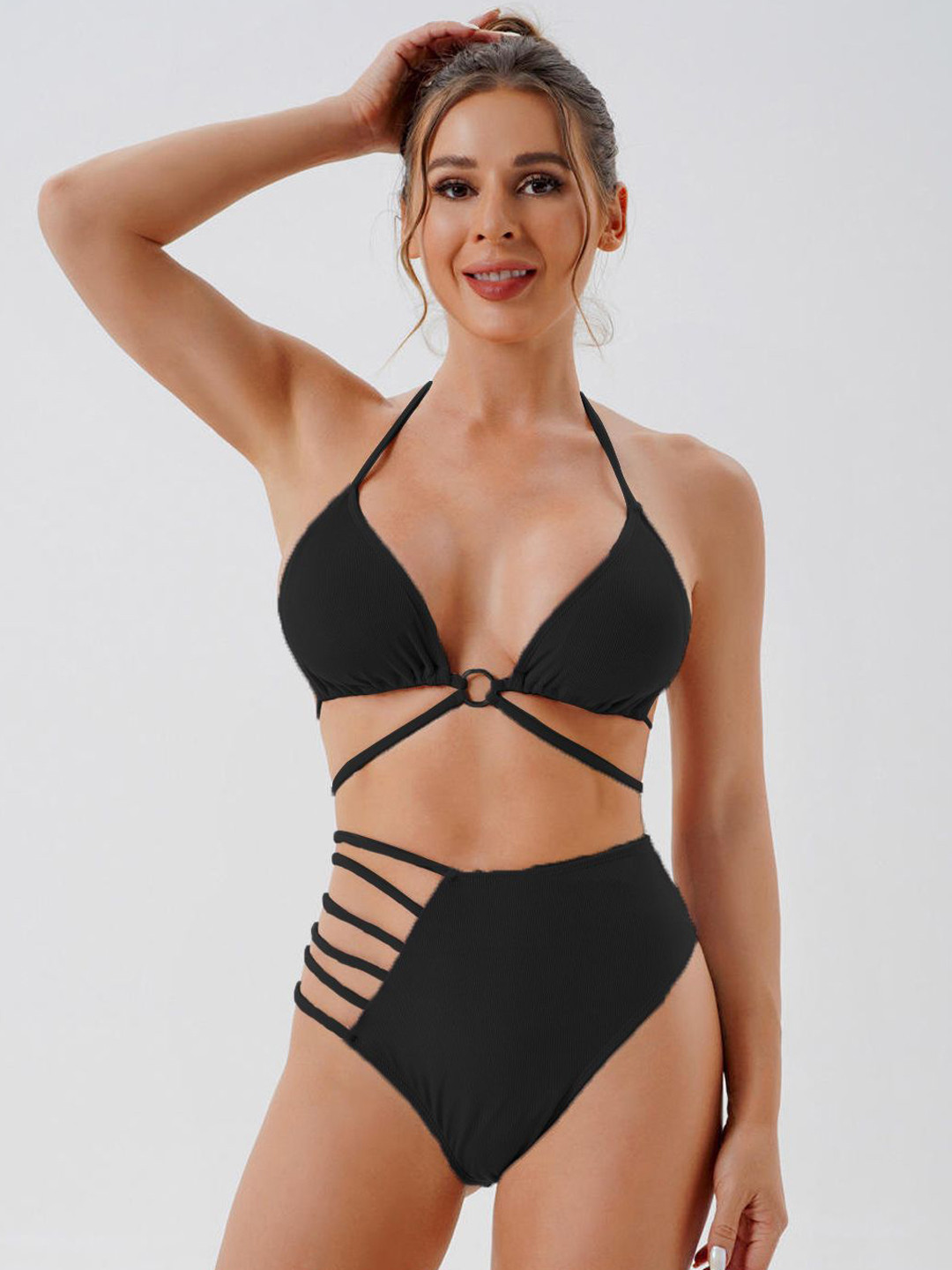 FIMBUL Women Halter Neck Triangle Side Panty Bikini Set