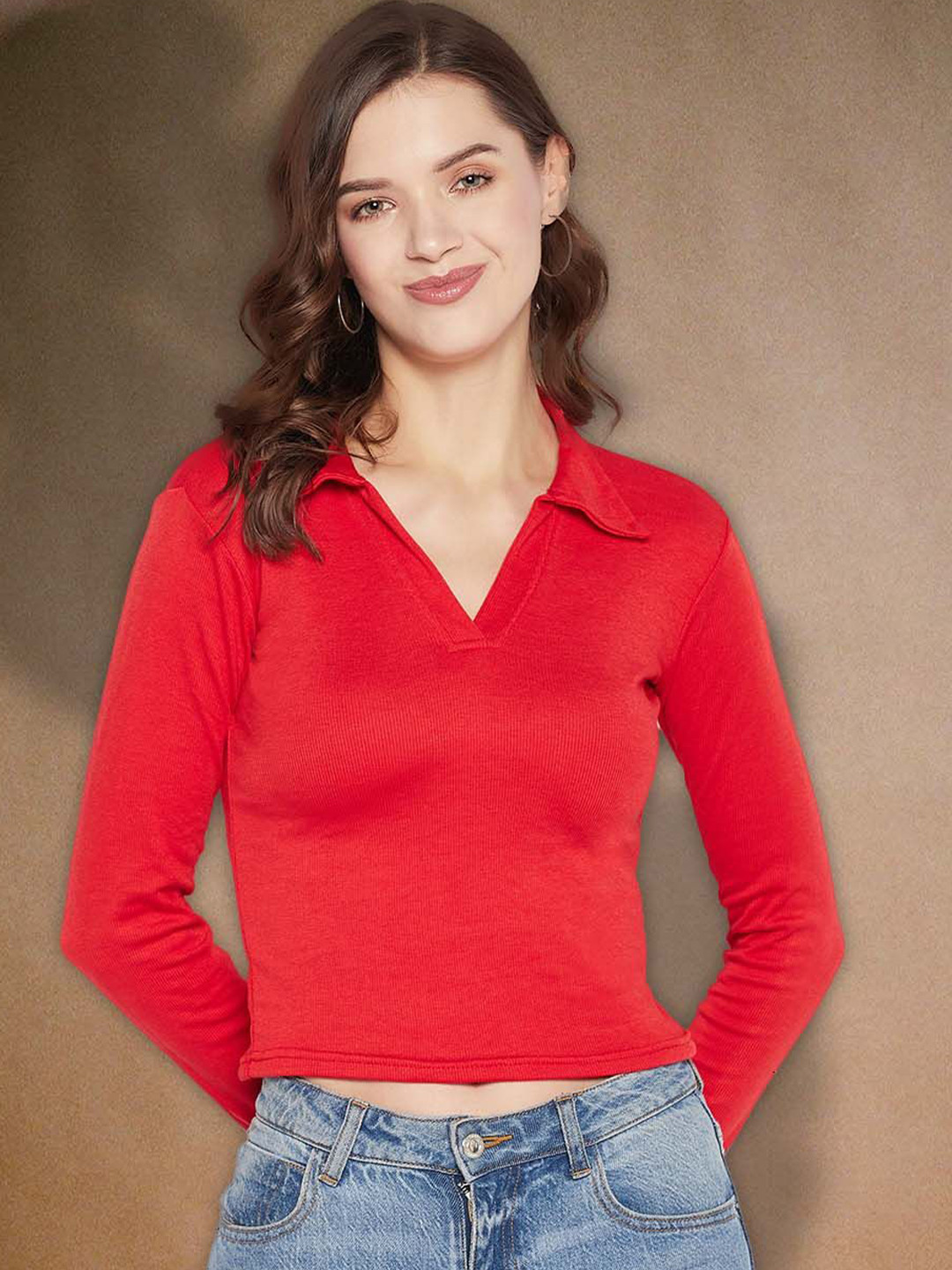 all about you Women Ribbed Shirt Collar Fitted Crop Top
