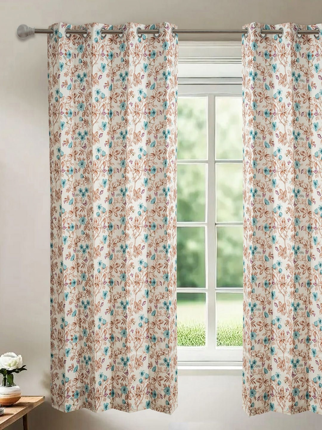 Floating Walls Furnishings White & Blue Floral Printed Window Curtain