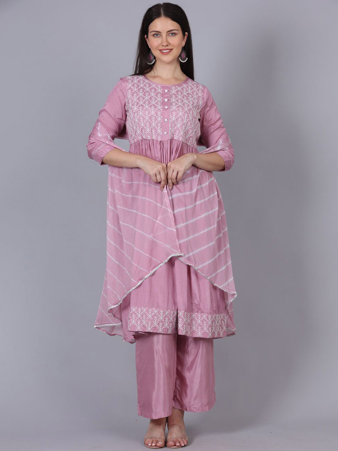 POPPIES LANE Muslin Kurta Set with Round Neck and 3/4 Sleeve Design