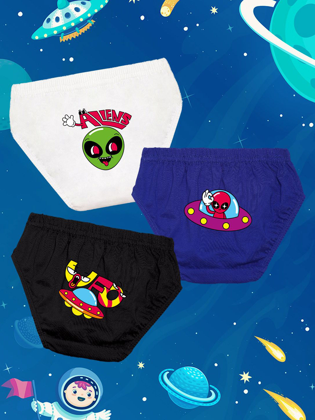 NUSYL Boys Pack Of 3 Alien Face Printed Cotton Inner Elastic Basic Briefs NUBCBRFPO3.0136