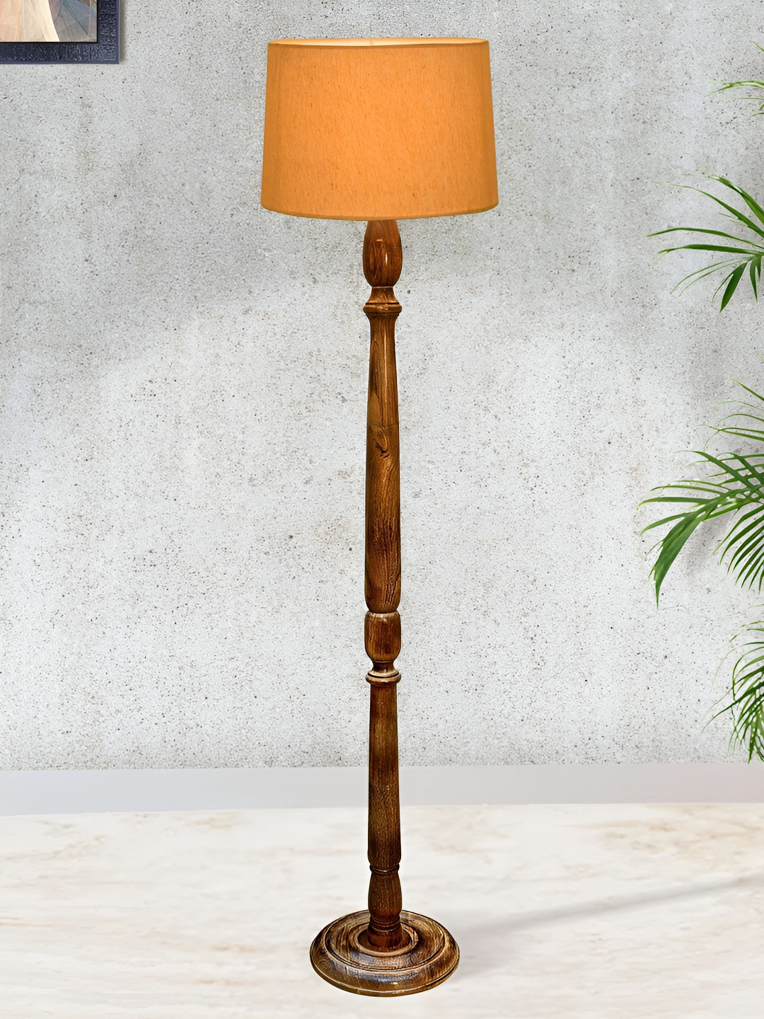 Homesake Rustic Yellow & Brown Wooden Cylinder Shaped Floor Lamp With Shade