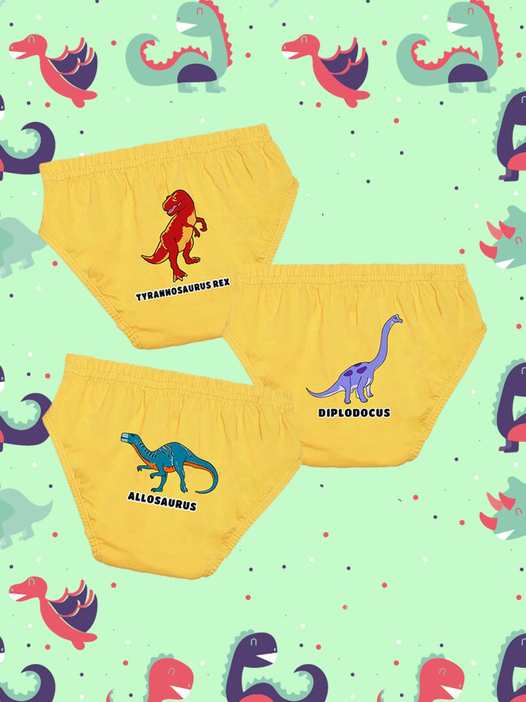 NUSYL Boys Pack Of 3 Yellow Tyrannosaurus Printed Briefs - NUBCBRFPO3.0127