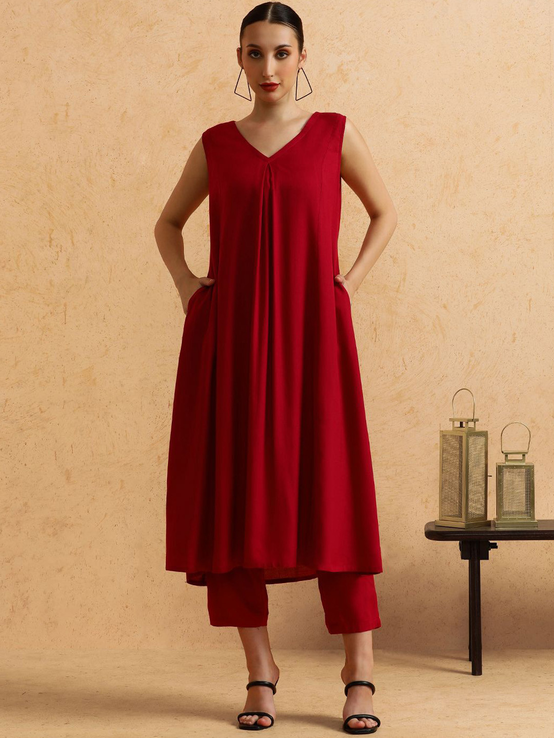 SHAHAD V-Neck Pleated A-Line Kurta With Trousers