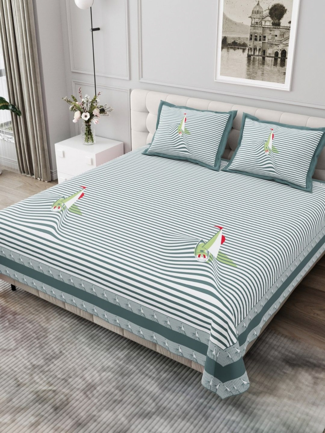 BED-SHEET.COM Sea Green Striped Cotton 250 TC King Fine Bedsheet with 2 Pillow Covers-118 x 118 inches