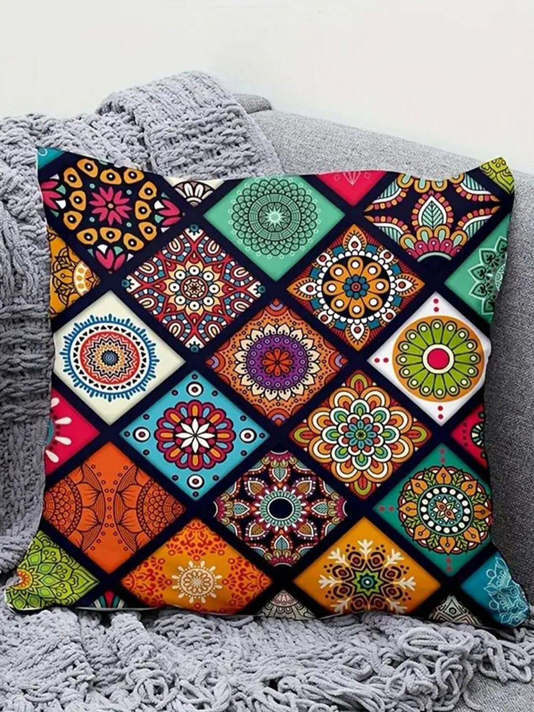 DecorTwist Black Ethnic Motifs Cotton Durable Square Cushion Cover - 17.3 x 17.3 Inches