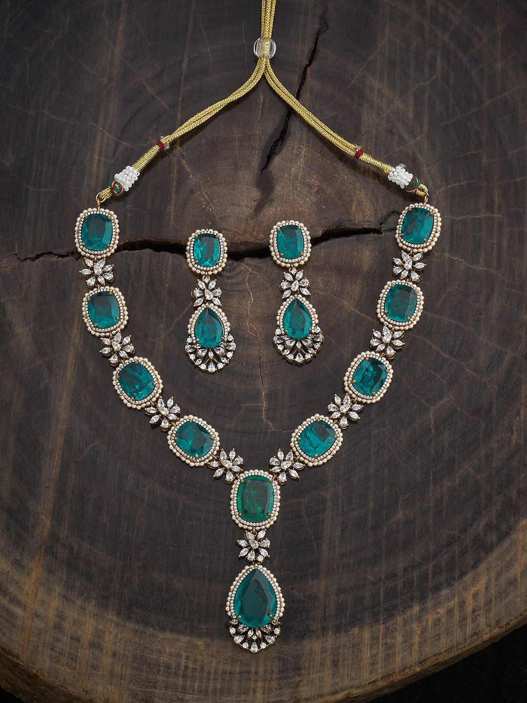 Kushal's Fashion Jewellery Green Victorian-Plated Party Zircon Jewellery Set