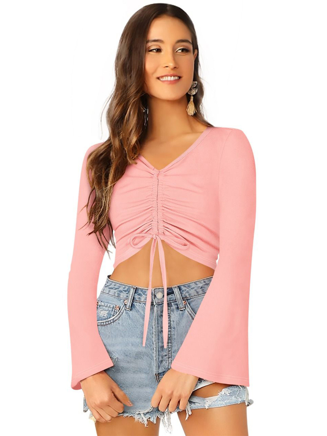 CORSICA Women V-Neck Flared Sleeves Ruched Fitted Crop Top With Tie-Ups