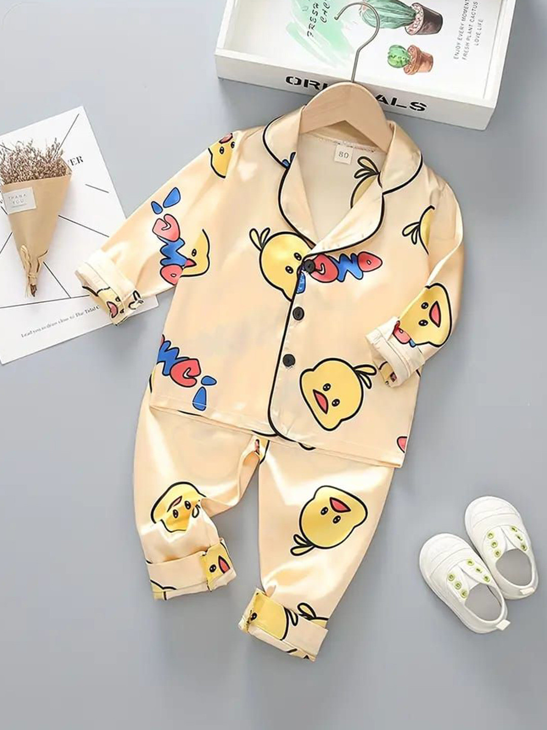 PAGHDAL BROTHERS Kids Cartoon Printed Lapel Collar Shirt With Pyjama