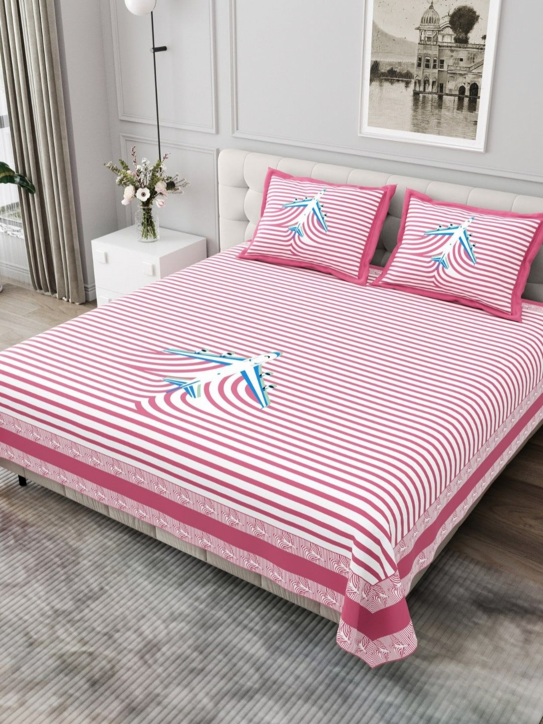 JAIPUR FABRIC Pink & White Striped Cotton 254 TC King Bedsheet Set 2.74m x 2.28m