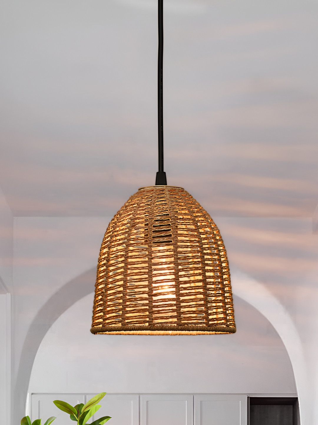 Homesake Beige & Black Self Design Rustic Chandelier Engineered Wood Ceiling Lamp