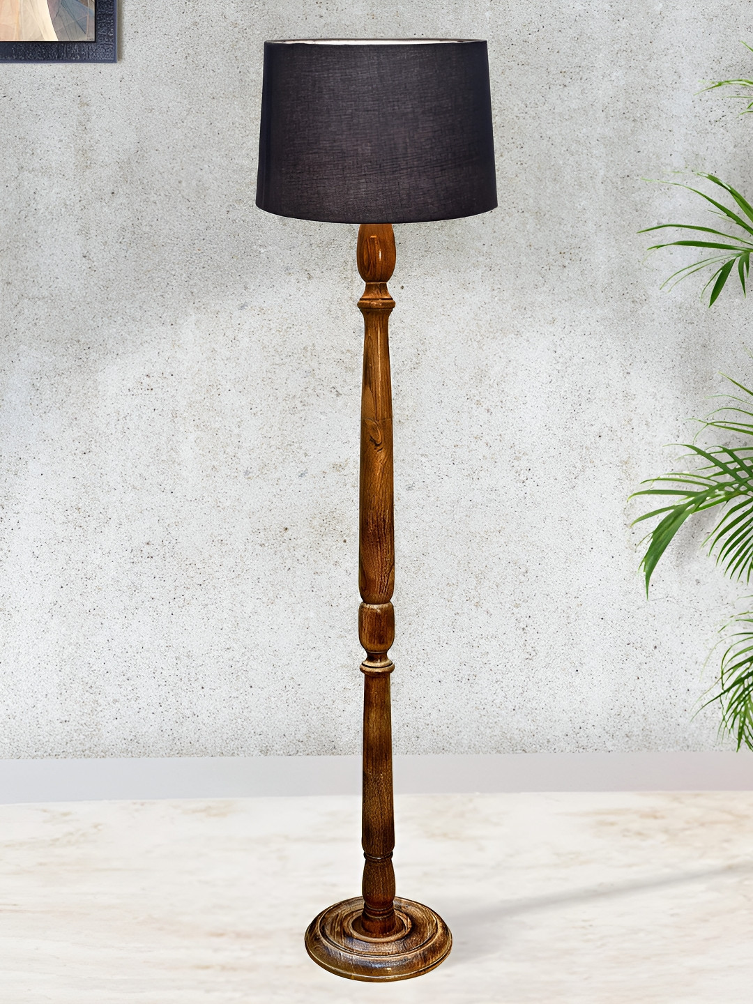 Homesake Rustic Grey & Brown Wooden Cylinder Shaped Floor Lamp With Shade