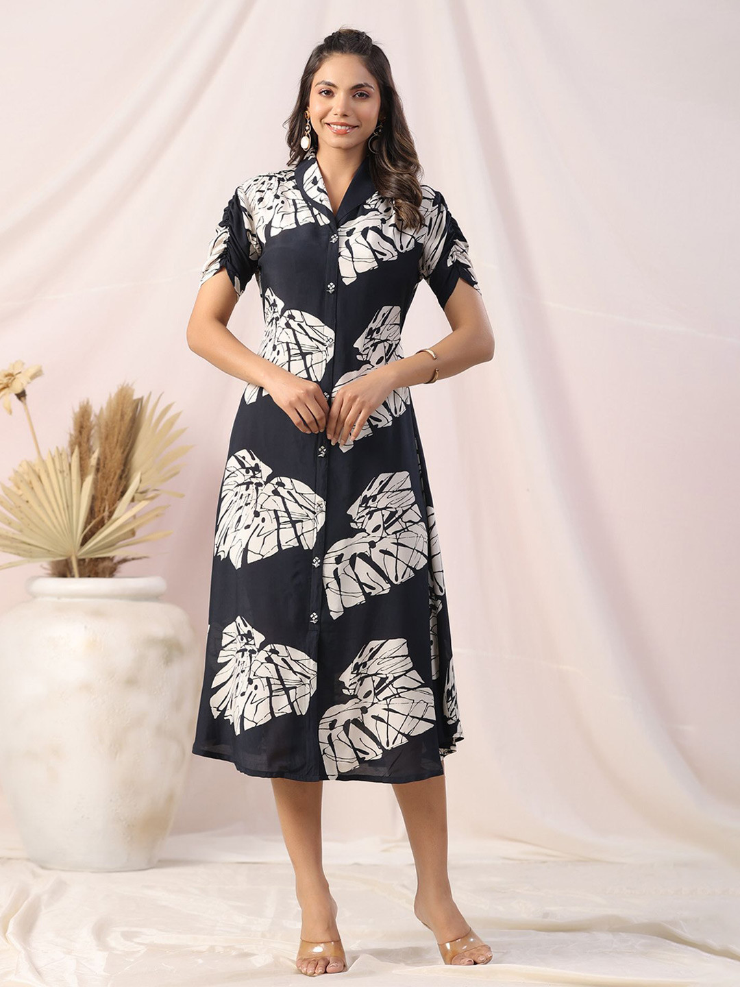 JISORA Women Black Printed Russian Silk Dress