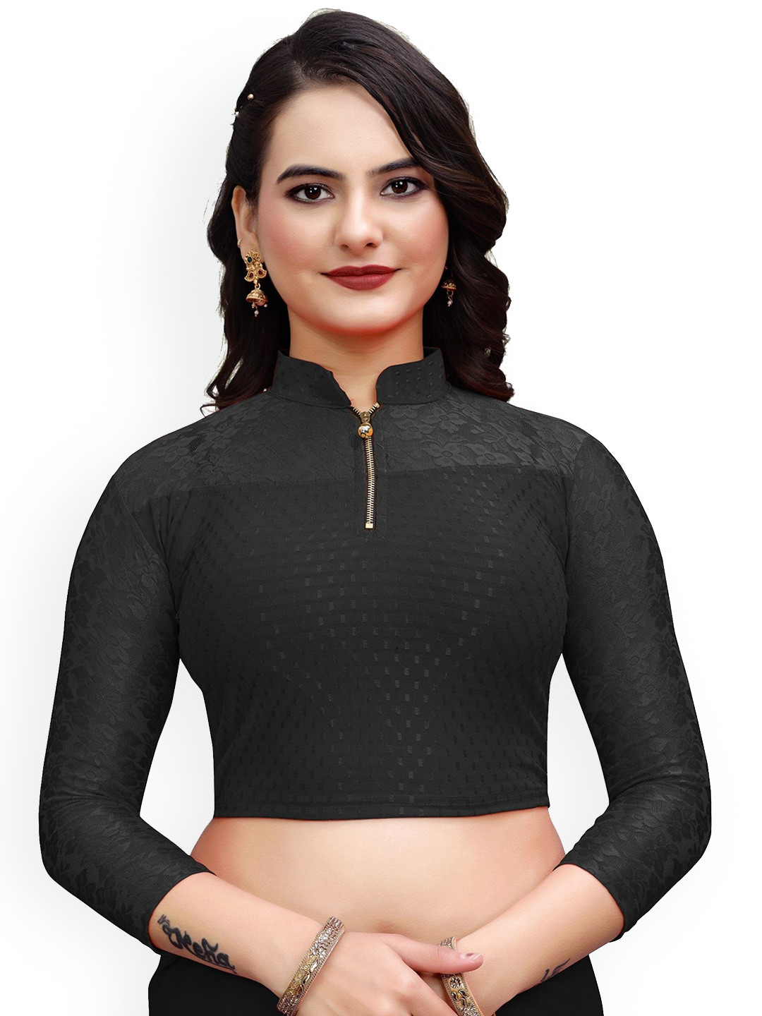 SS Sanket Black Embroidered Net Mandarin Collar Saree Blouse