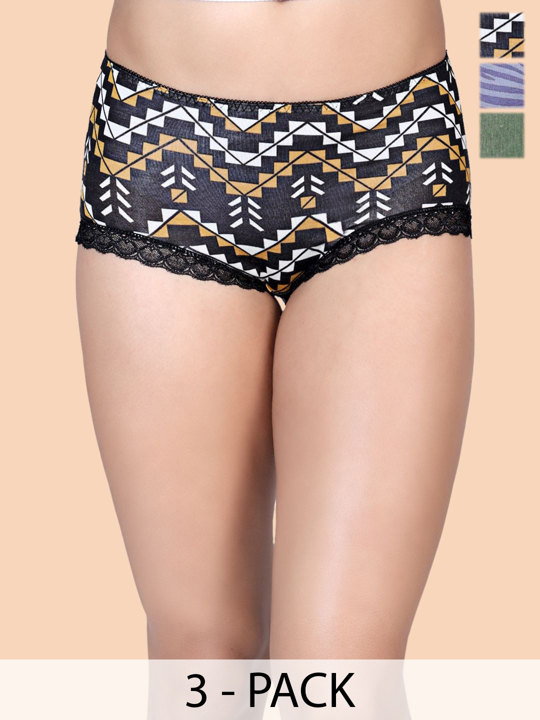 Amour Secret Pack Of 3 Printed Hipster Briefs P2051_Blu_Grn_Mpnt_S