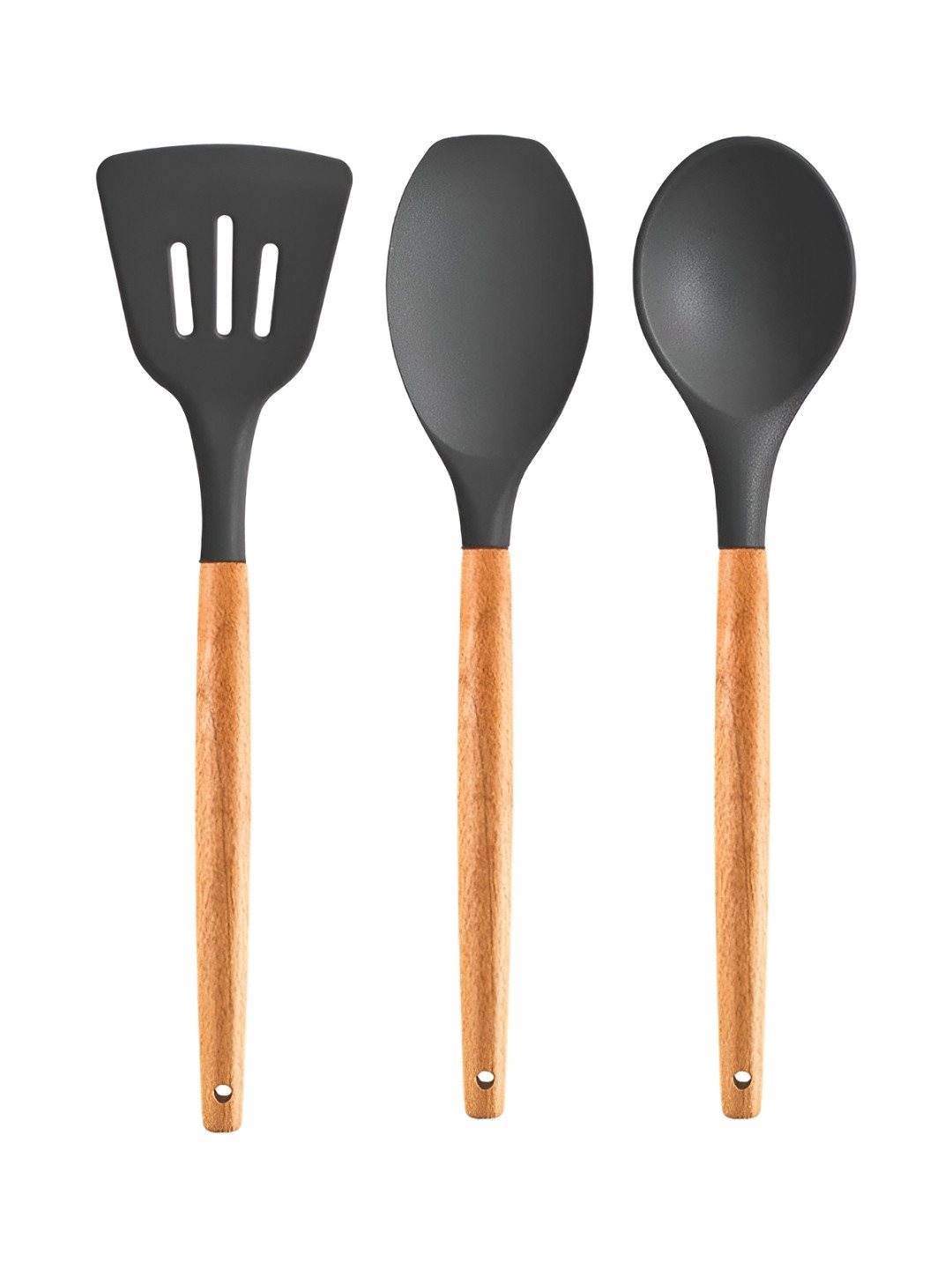 Baskety Grey & Brown 3 Pieces Silicone Spatula Serving Spoon & Slotted Turner