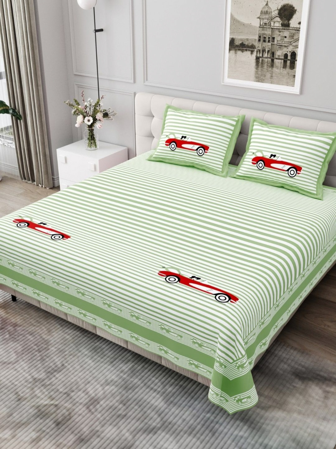 JAIPUR FABRIC Green & White Striped King Bedsheet with 2 Pillow Covers
