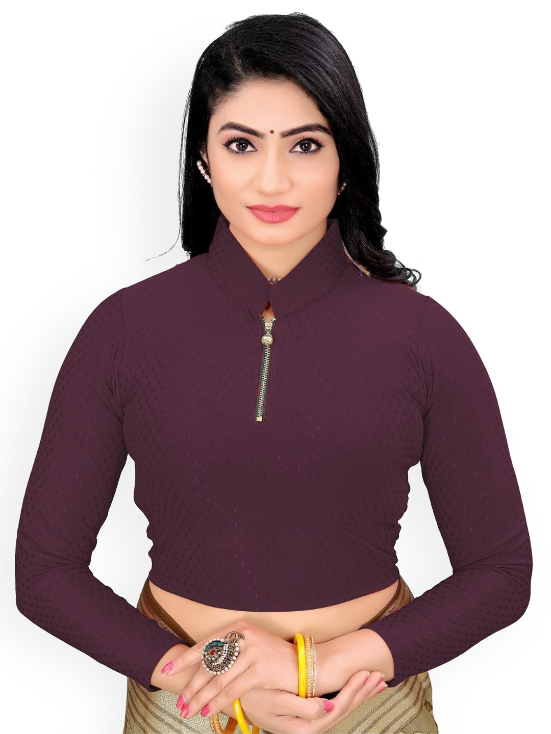 SS Sanket Synthetics Textured Dobby Zipper Full Sleeved Saree Blouse
