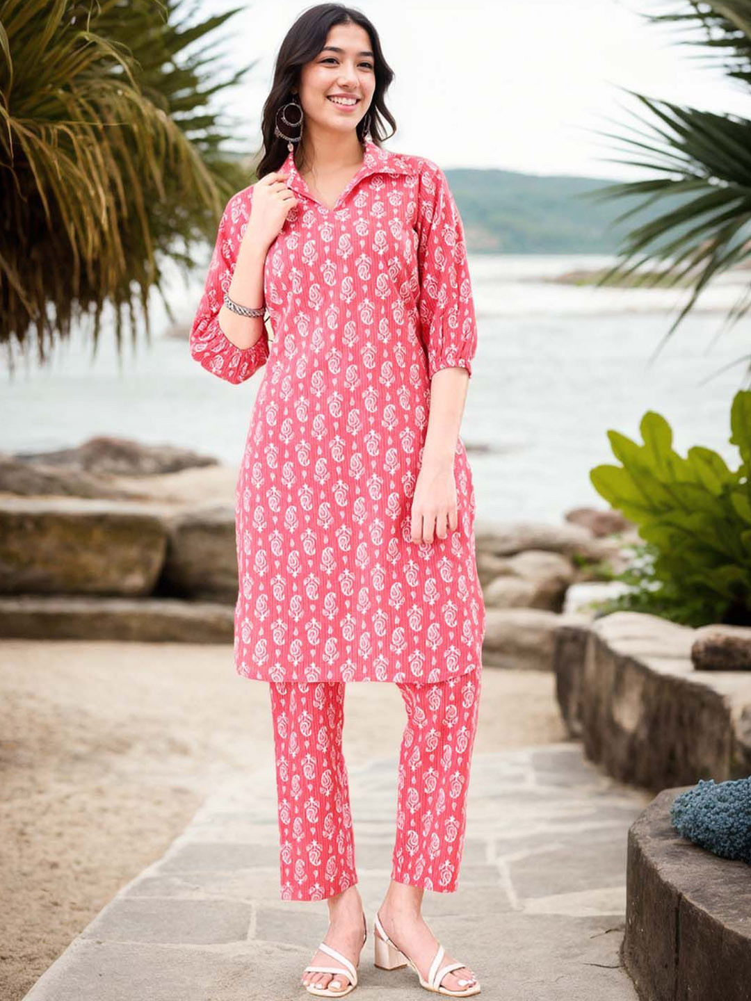 Anouk Floral Printed Shirt Collar Pure Cotton Tunic And Trouser
