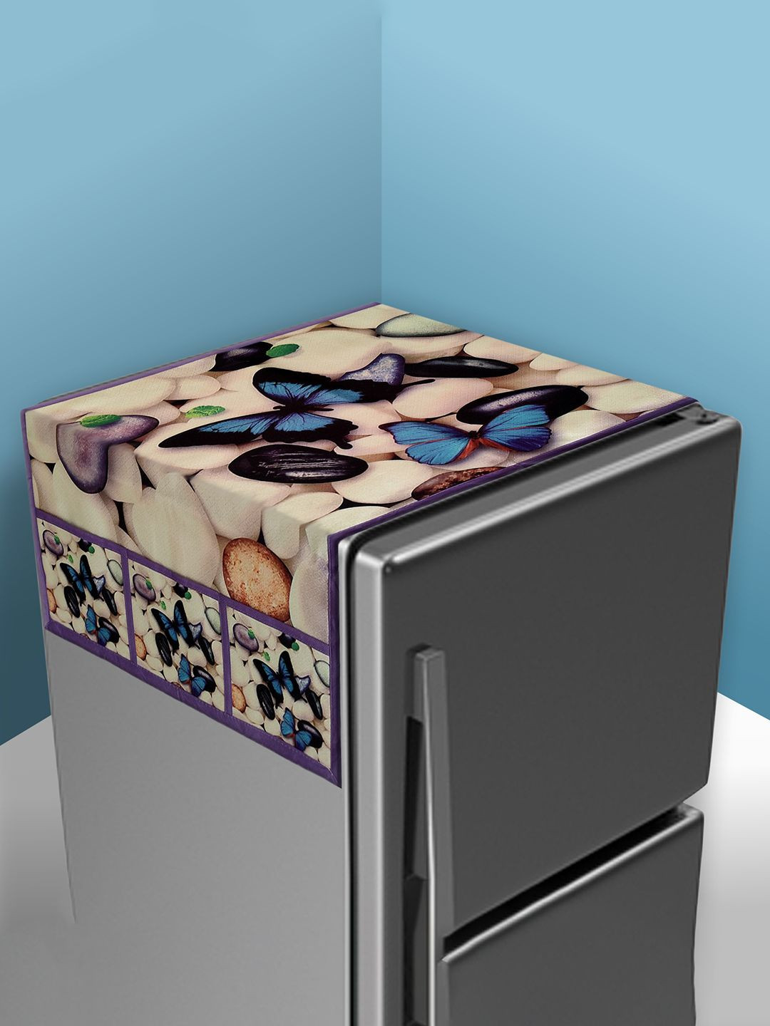 Kuber Industries Beige Stone Butterfly Fridge Cover With 6 Utility Pockets Appliance Cover
