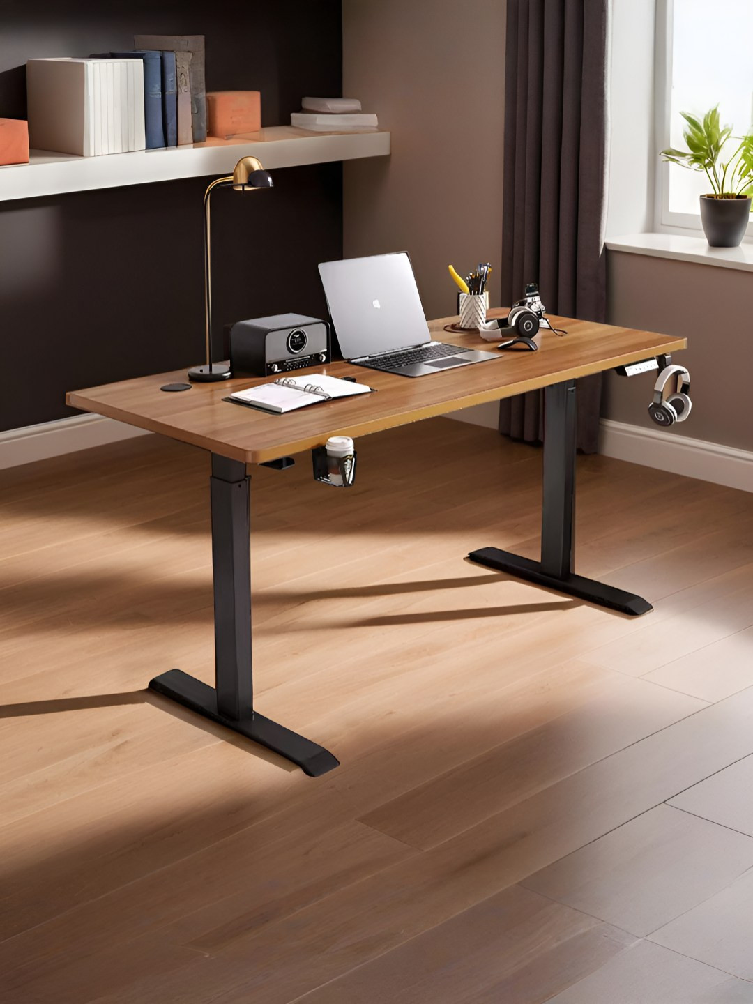 The Better Home Brown Wooden Electric Height Adjustable Desk Gaming Table Study Table