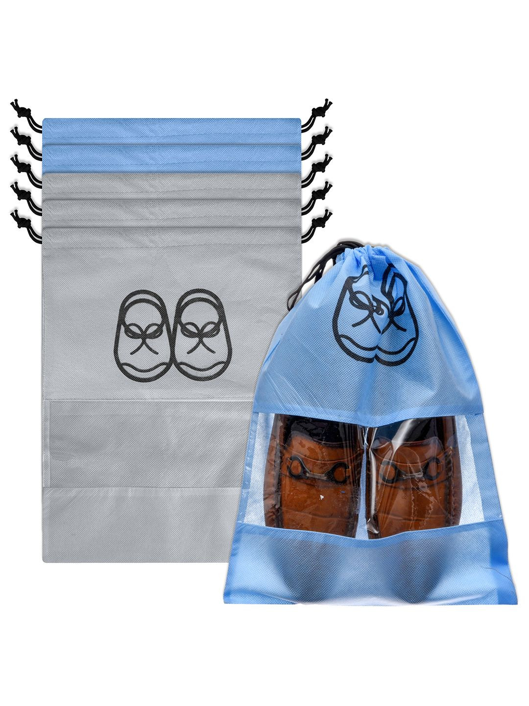 Kuber Industries Grey & Blue 6 Pieces Printed Shoe Cover With Drawstring
