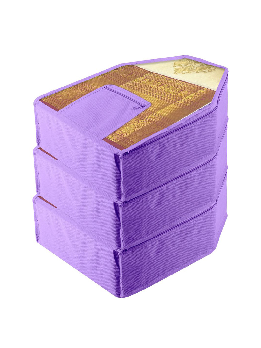 Kuber Industries Purple & Transparent 3 Pieces Blouse Covers With Lace Pocket & Zipper