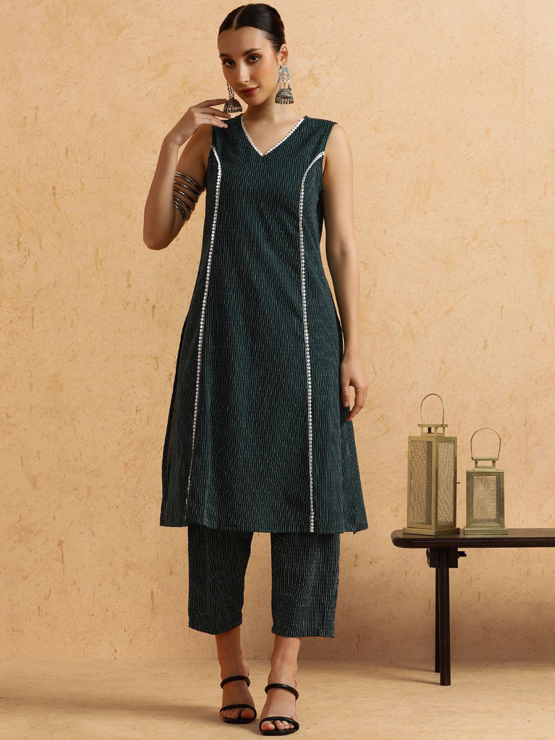 STYLEBAAZI Striped Panelled V-NeckPure Cotton A-Line Kurta with Trousers