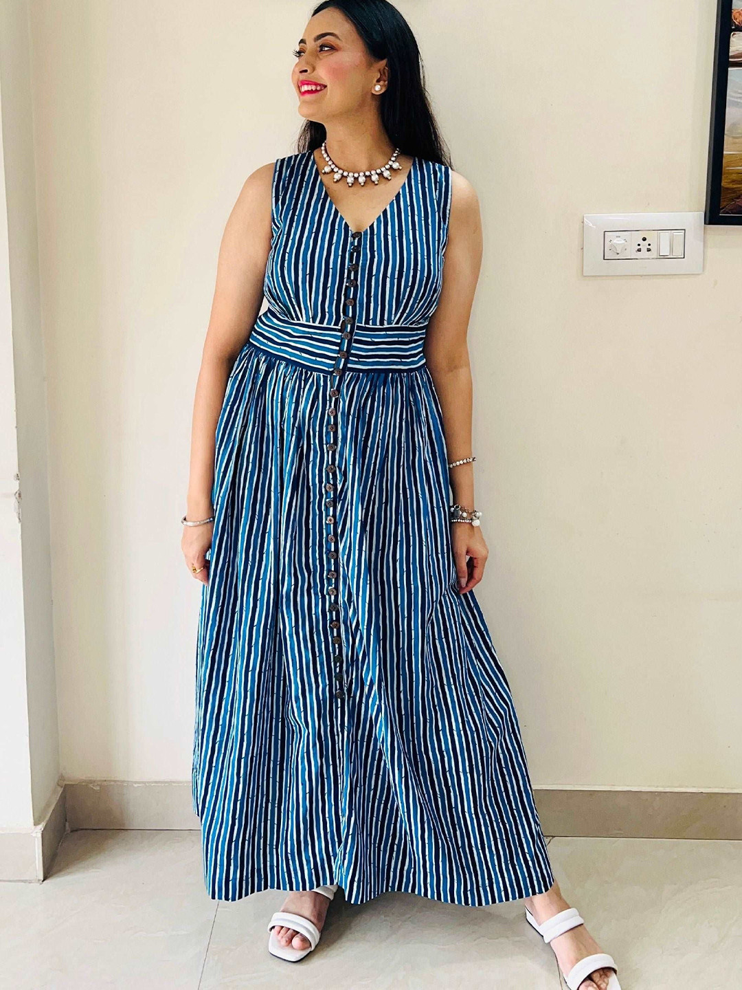 THE VASILIKI Print Fit & Flare Maxi Blue Stripped Dress