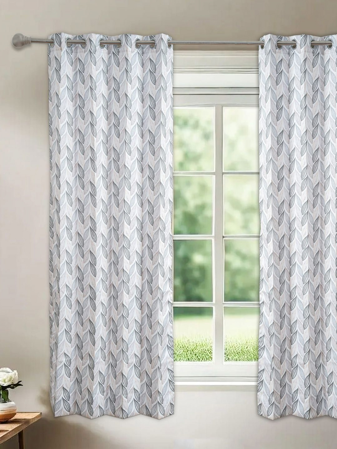 Floating Walls Furnishings White & Grey Leaf Printed Window Curtain