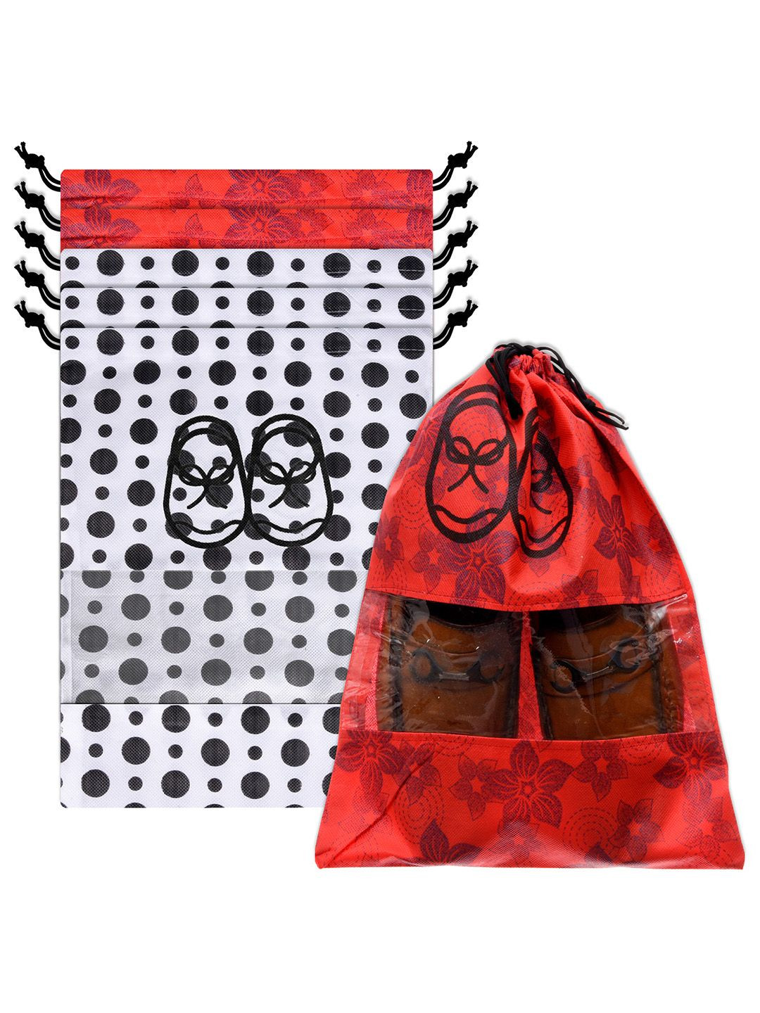 Kuber Industries White & Red 6 Pieces Printed Shoe Cover With Drawstring