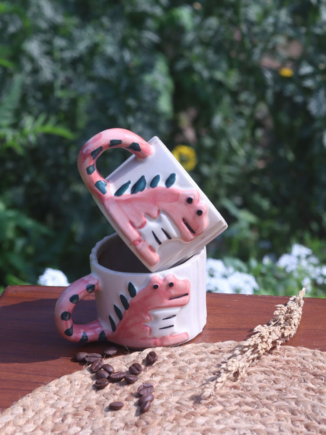 WEAVING HOMES White & Pink 2 Pieces Dino-mite Printed Ceramic Glossy Mugs-210 ml Each