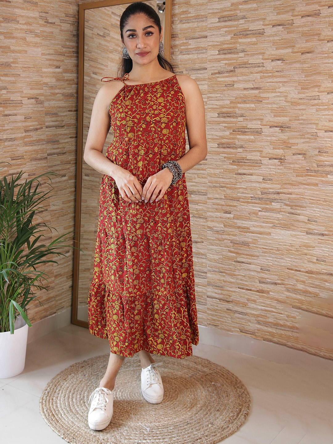 THE VASILIKI Cotton Red Midi Dress With Yellow Bagh Hand-Block Print