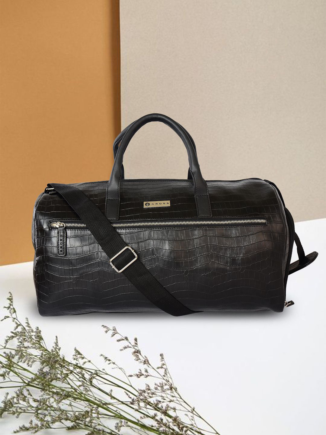Cross Textured Medium Leather Casual Duffle Bag