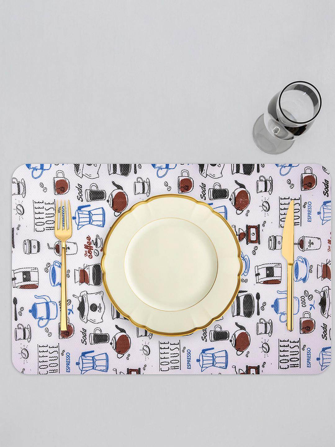 Kuber Industries White & Blue 6 Pieces Coffee House Rectangle Shaped Table Placemats