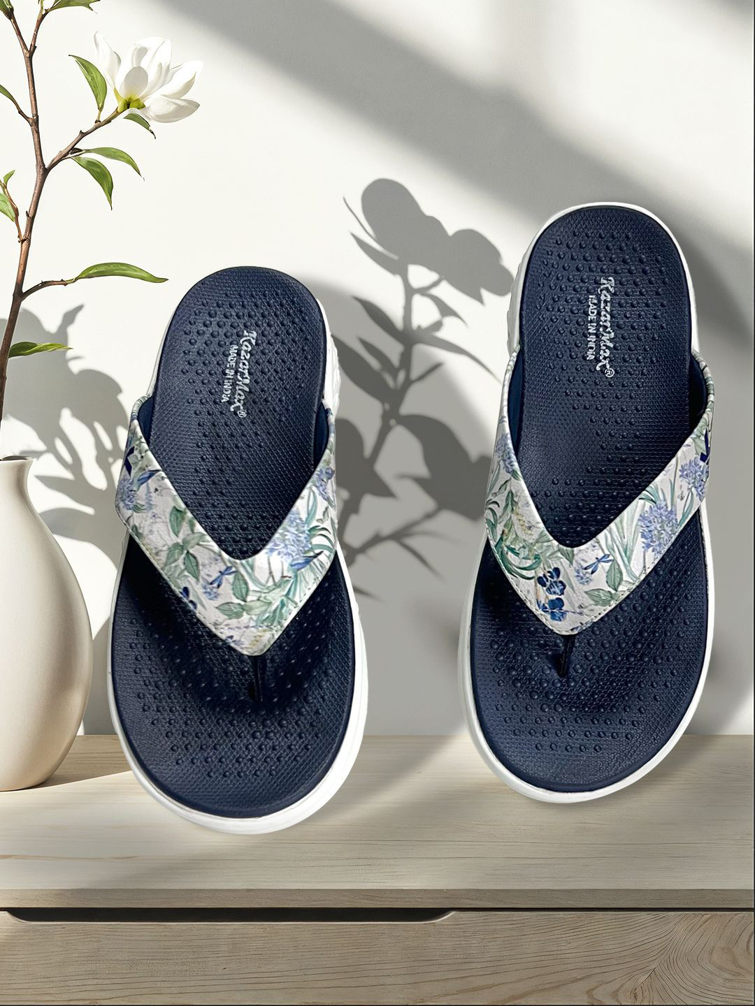 KazarMax Women White Green Floral Print Thong Slippers