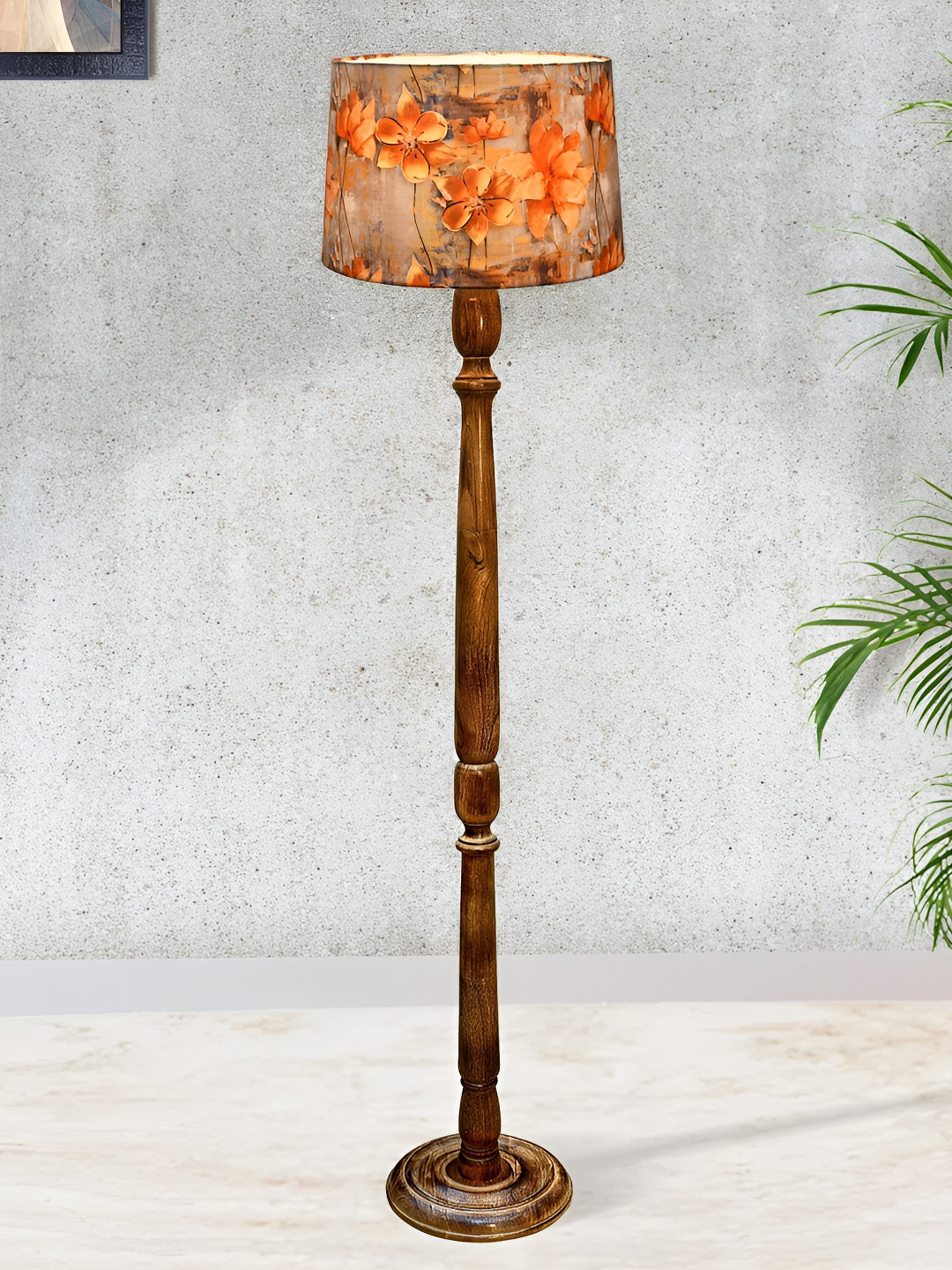 Homesake Rustic Red & Brown Printed Wooden Cylinder Shaped Floor Lamp With Shade