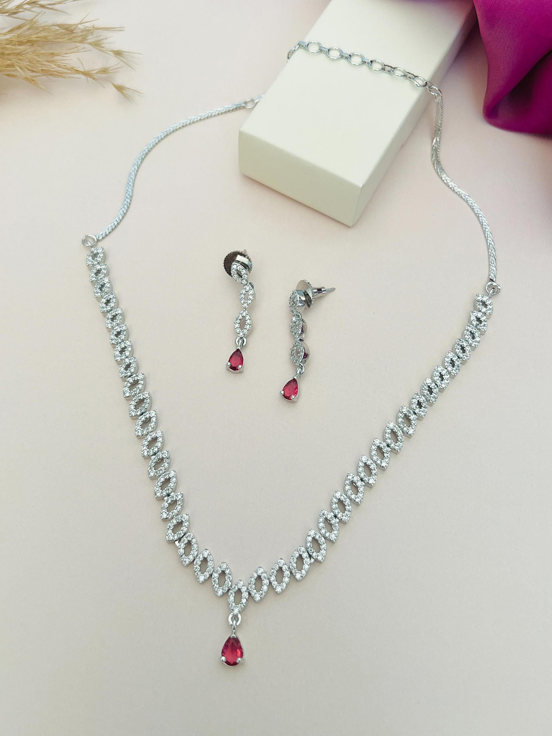 ABDESIGNS Sophisticated Silver Plated American Diamond Necklace Jewellery Set